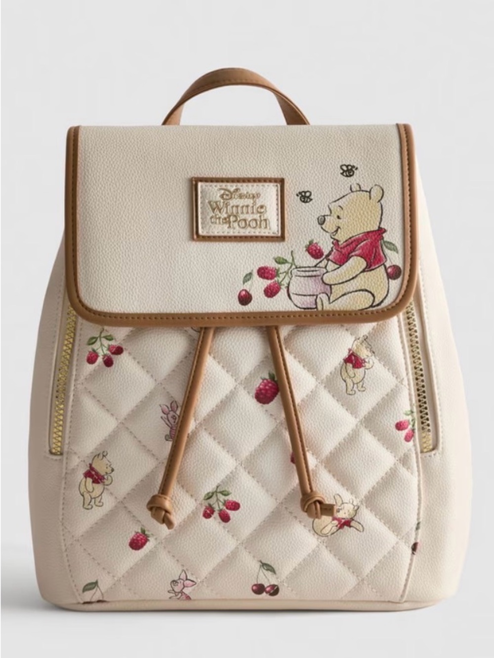 Disney Winnie the Pooh Cream Backpack with Brown Trim and Cherry Print
